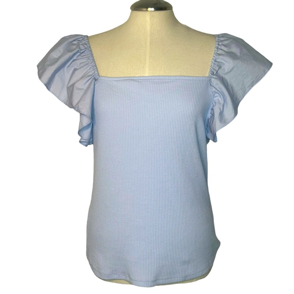 Women's Blue Ruffle Sleeve Fitted Stretch Summer Blouse Size L